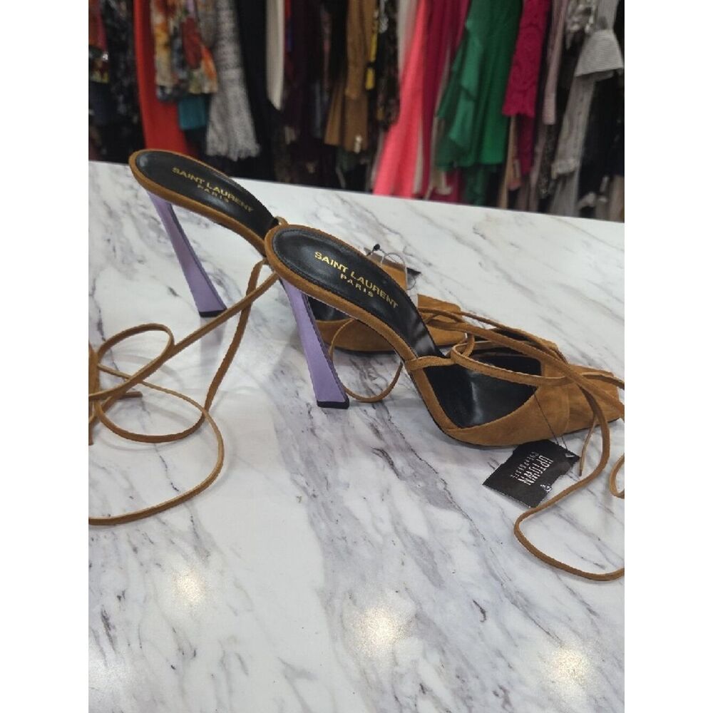 Saint Laurent Tan Suede Lace-Up Sandal with Lilac Block Heel - Picture 4 of 9